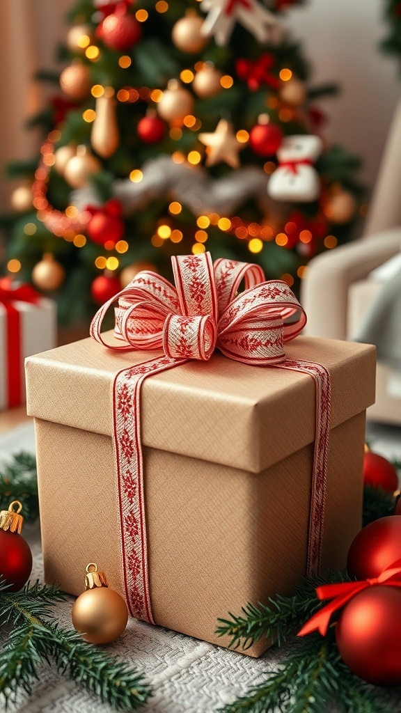 A wrapped Christmas gift box with a bow in a festive setting with a decorated tree.